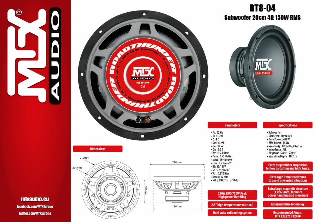 Car Audio Subwoofer MTX Audio RoadThunder 150W 8" Subwoofer - RT8-04